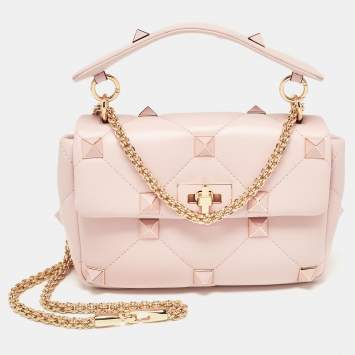 Pre Owned Valentino Pink Leather Medium Roman Stud Top Handle Bag