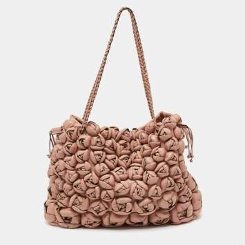Pre Owned Valentino Light Pink Leather Floral Applique Zip Tote