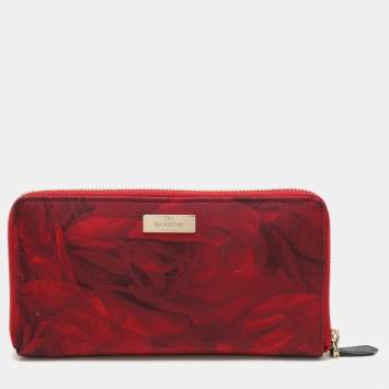 Pre Owned Valentino Red Printed Nylon Continental Zip Around Wallet