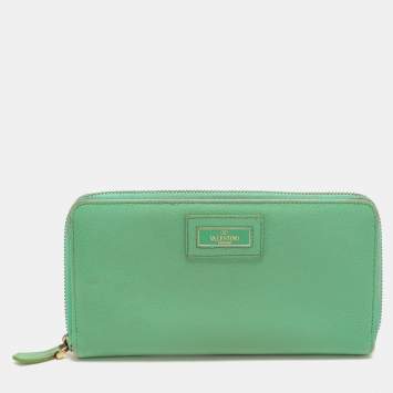 Pre Owned Valentino Green Leather Zip Around Wallet
