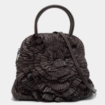 Pre Owned Valentino Dark Grey Leather Pleated Petale Rose Dome Bag