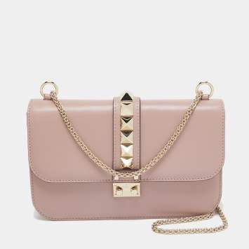 Pre Owned Valentino Dusty Pink Leather Medium Glam Lock Chain Shoulder Bag