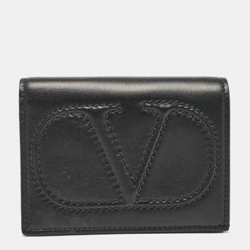 Pre Owned Valentino Black Leather Logo Flap Card Case