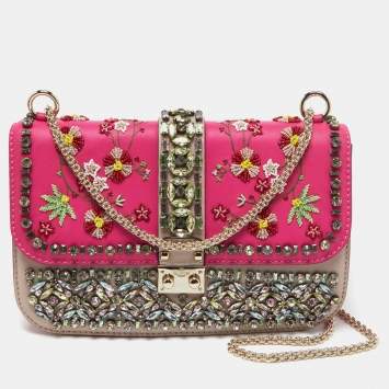 Pre Owned Valentino Pink/Beige Leather Medium Embellished Glam Lock Flap Bag
