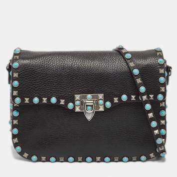 Pre Owned Valentino Black Leather Guitar Rockstud Rolling Crossbody Bag