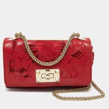 Pre Owned Valentino Red Leather and Lace Va Va Voom Chain Crossbody Bag