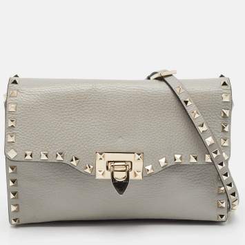 Pre Owned Valentino Grey Leather Rockstud Flap Crossbody Bag