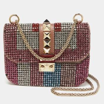Pre Owned Valentino Multicolor Leather Crystal Embellished Small Glam Lock Shoulder Bag