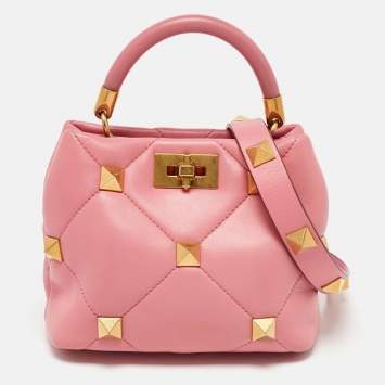 Pre Owned Valentino Pink Quilted Leather Small Roman Stud Top Handle Bag