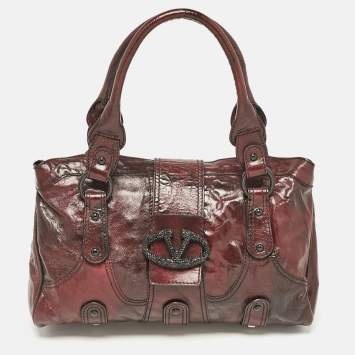 Pre Owned Valentino Dark Burgundy Leather Crystals Catch Satchel