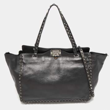Pre Owned Valentino Black Leather Medium Rockstud Trapeze Tote