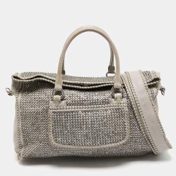Pre Owned Valentino Grey Leather, Beads and Sequins Embellished Satchel