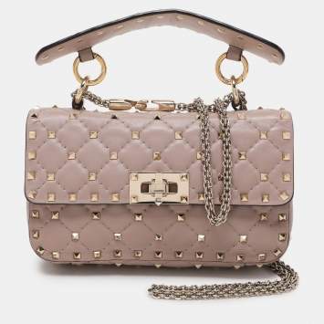 Pre Owned Valentino Beige Leather Small Rockstud Spike Top Handle Bag
