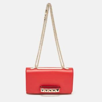 Pre Owned Valentino Red Leather Rockstud Va Va Voom Chain Clutch