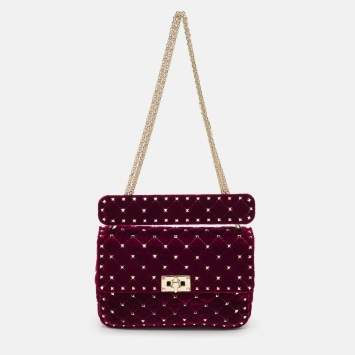 Pre Owned Valentino Burgundy Quilted Velvet Medium Rockstud Spike Top Handle Bag