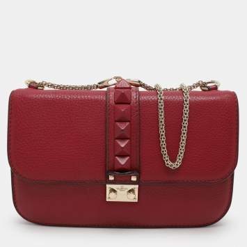 Pre Owned Valentino Burgundy Leather Medium Rockstud Glam Lock Flap Bag