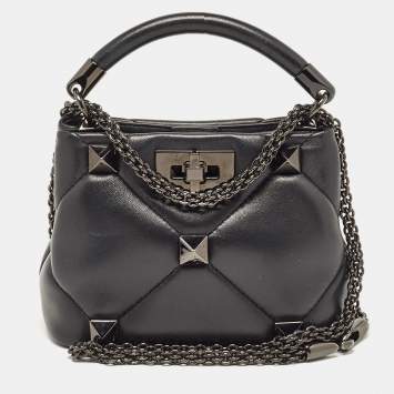 Pre Owned Valentino Black Quilted Leather Mini Roman Stud Top Handle Bag