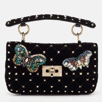 Pre Owned Valentino Black Quilted Velvet Small Butterfly Rockstud Spike Top Handle Bag