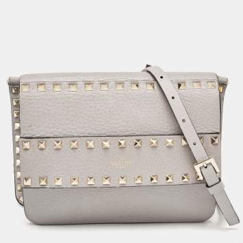 Pre Owned Valentino Grey Leather Rockstud Side Slip Crossbody Bag