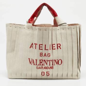 Pre Owned Valentino Red/Natural Canvas Large Plisse Edition Atelier 05 Tote