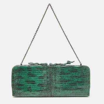 Pre Owned Valentino Green/Black Lizard Leather Snake Crystals Chain Clutch