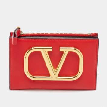 مملوكة مسبقًا Valentino Red Leather VLogo Bifold Card Case