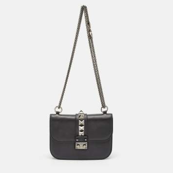 Pre Owned Valentino Black Leather Small Glam Lock Chain Shoulder Bag