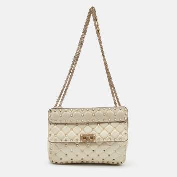 Pre Owned Valentino Off White Leather Medium Rockstud Spike Top Handle Bag