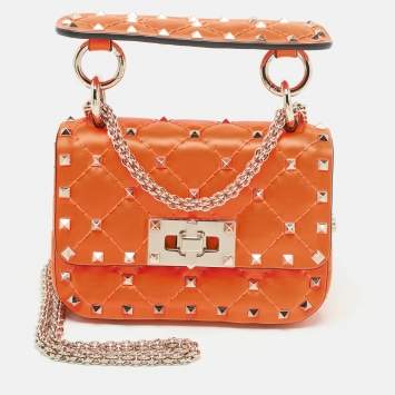Pre Owned Valentino Neon Orange Leather Micro Rockstud Spike Crossbody Bag
