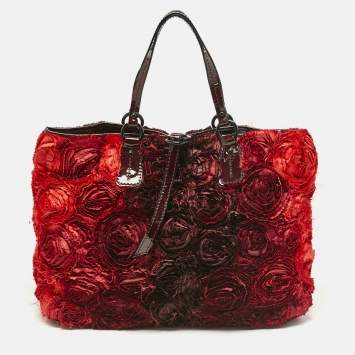 Pre Owned Valentino Red/Burgundy Nylon Large Flower Applique Tote