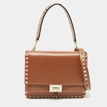 Pre Owned Valentino Brown Leather Rockstud Top Handle Bag
