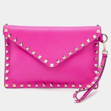 Pre Owned Valentino Fuchsia Leather Rockstud Envelope Wristlet Clutch