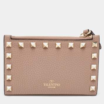 Pre Owned Valentino Beige Leather Rockstud Zip Card Holder