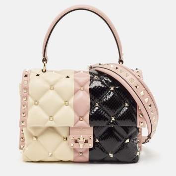 Pre Owned Valentino Tricolor Quilted Leather and Snakeskin Medium Candystud Top Handle Bag