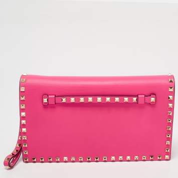 Pre Owned Valentino Hot Pink Leather Rockstud Flap Wristlet Clutch