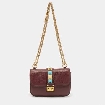Pre Owned Valentino Burgundy Leather Small Rolling Rockstud Glam Lock Flap Bag