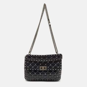 Pre Owned Valentino Black Quilted Crackle Leather Medium Rockstud Spike Top Handle Bag