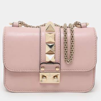 Pre Owned Valentino Light Pink Leather Mini Rockstud Glam Lock Shoulder Bag