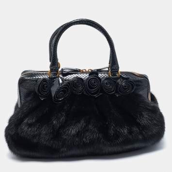 Pre Owned Valentino Black Snakeskin and Fur Frame Satchel