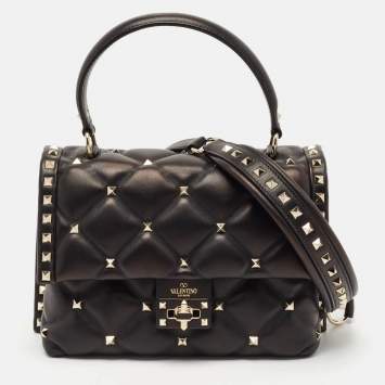 Pre Owned Valentino Black Quilted Leather Medium Candystud Top Handle Bag