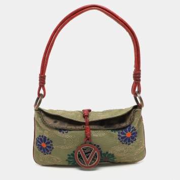 Pre Owned Valentino Green/Red Canvas and Lizard Leather V Logo Shoulder Bag