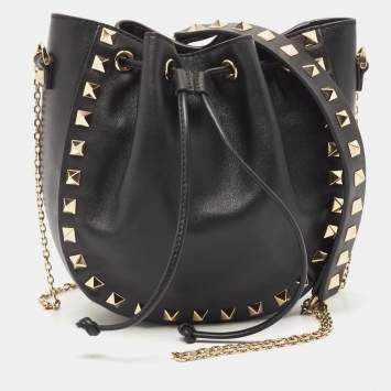 Pre Owned Valentino Black Leather Mini Rockstud Chain Bucket Bag