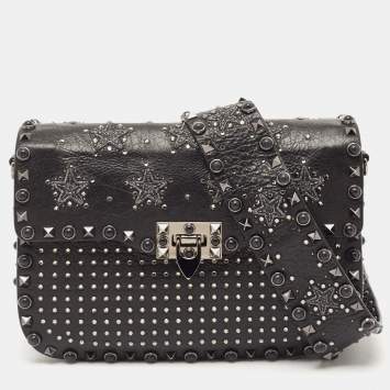 Valentino Black Leather Medium Star Crystal Rolling Rockstud Shoulder Bag