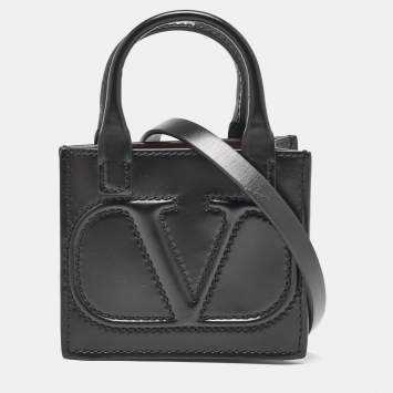 Pre Owned Valentino Black Leather Mini VLogo Walk Tote