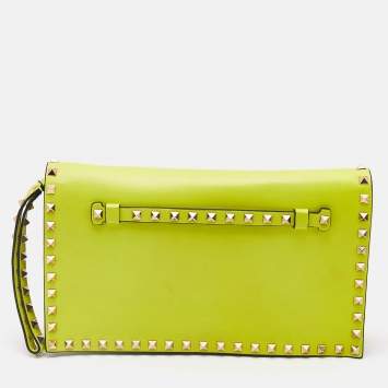 Pre Owned Valentino Neon Yellow Leather Rockstud Flap Wristlet Clutch
