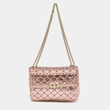 Pre Owned Valentino Metallic Pink Quilted Leather Medium Rockstud Spike Top Handle Bag