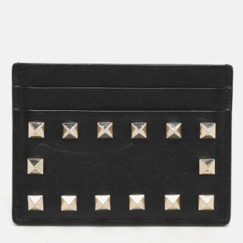 Pre Owned Valentino Black Leather Rockstud Card Holder