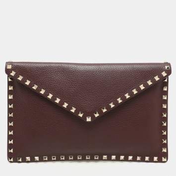 Pre Owned Valentino Dark Burgundy Leather Rockstud Envelope Pouch