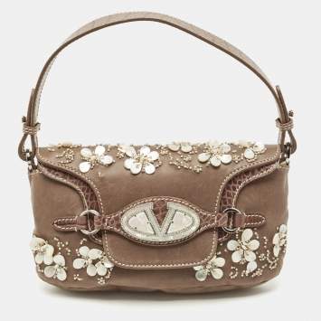 Pre Owned Valentino Beige Croc Embossed and Leather Pearl Embellished VLogo Shoulder Bag