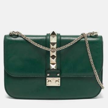 Pre Owned Valentino Green Leather Medium Rockstud Glam Lock Flap Bag